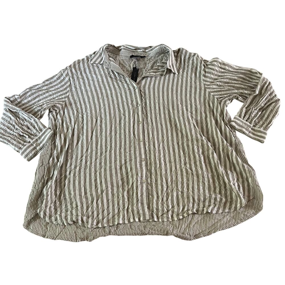 NWT White Grey Stripe Long Sleeve Casual Button Down Tunic Blouse Plus Size 3X